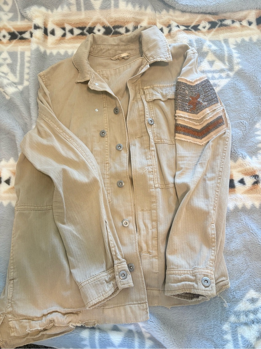 Free People Tan Corduroy Jean Jacket with Embroidered Sleeve Patch